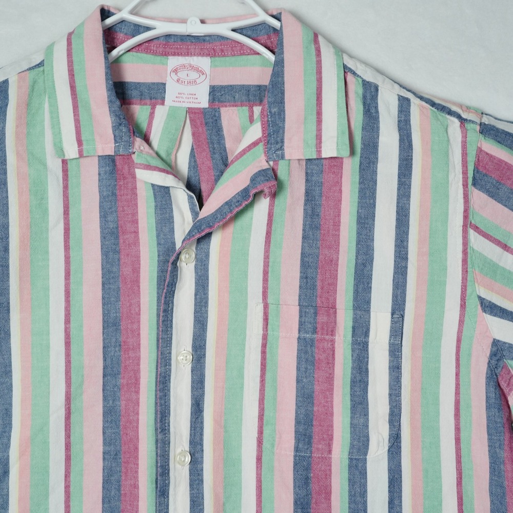 Brooks Brothers Mens Large Linen Cotton Striped Short Sleeve Camp Shirt Pastel